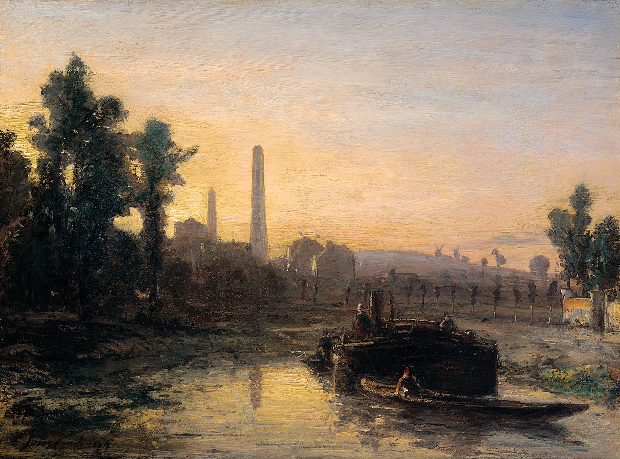 Uitzicht op de rivier in Frankrijk, mogelijk in de buurt van Pontoise door Johan Jongkind