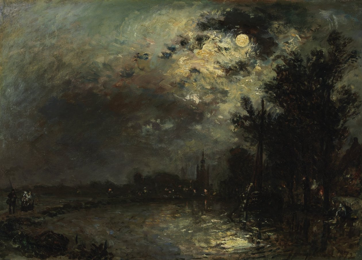 View on Overschie in moonlight door Johan Jongkind