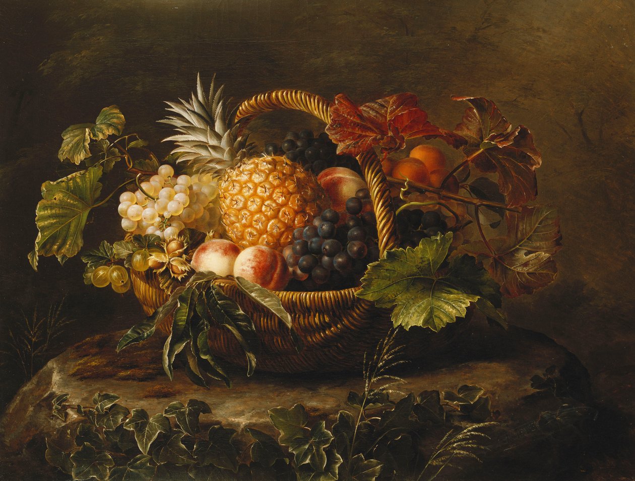 Een Ananas, Druiven, Perziken en Abrikozen in een Mand door Johan Laurents Jensen