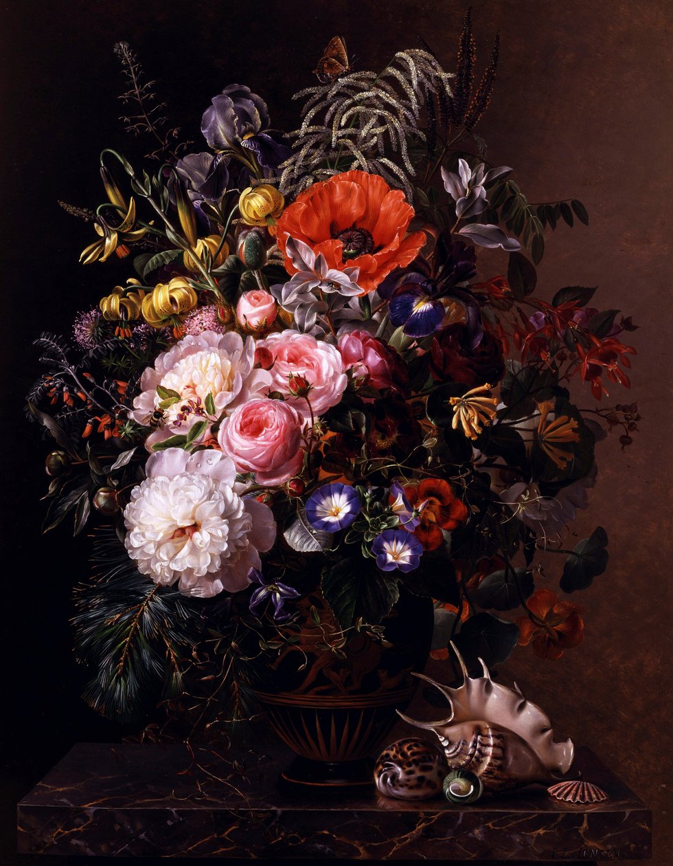 Klaprozen, pioenen, rozen en Oost-Indische kers in een Griekse vaas. Schilderij van Johan Laurentz Jensen (1800-1856) Privécollectie. door Johan Laurents Jensen