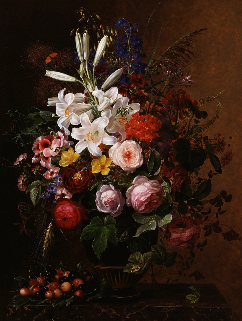 Lelies, pelargoniums en rozen in een Griekse vaas. Schilderij van Johan Laurentz Jensen (1800-1856) Privécollectie. door Johan Laurents Jensen