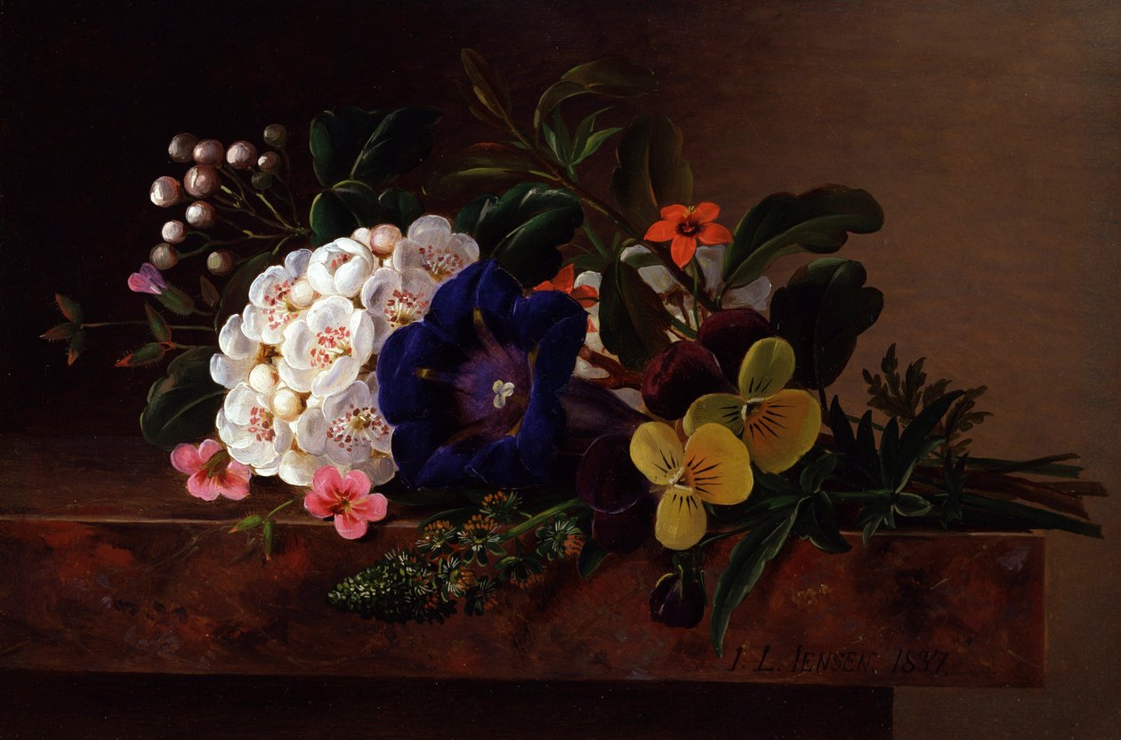 Stilleven van lentebloemen. Schilderij van Johan Laurentz Jensen (1800-1856) Privécollectie. door Johan Laurents Jensen