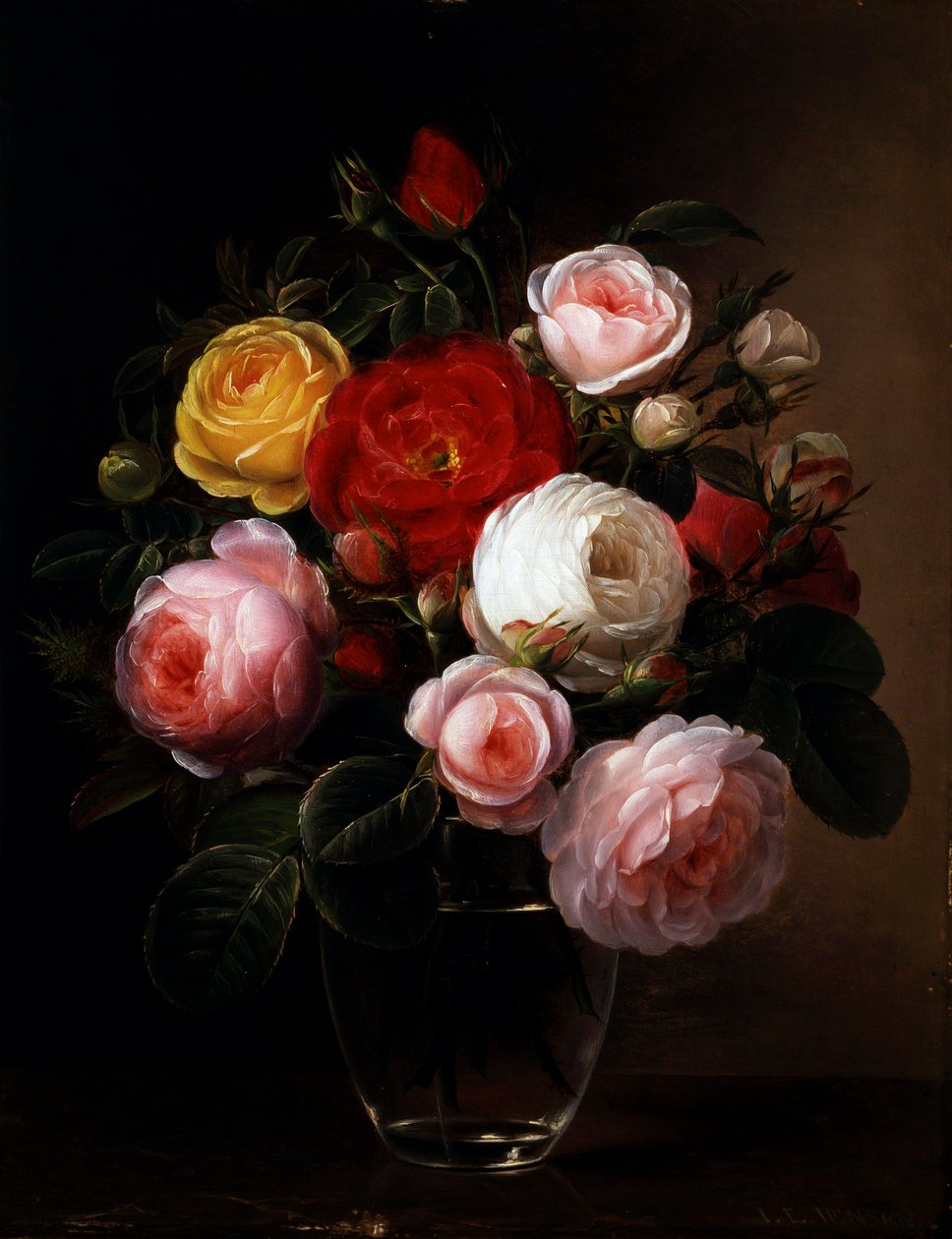 Stilleven van rozen in een glazen vaas. Peinture de Johan Laurentz Jensen (1800-1856 Deense) Collection privee door Johan Laurents Jensen