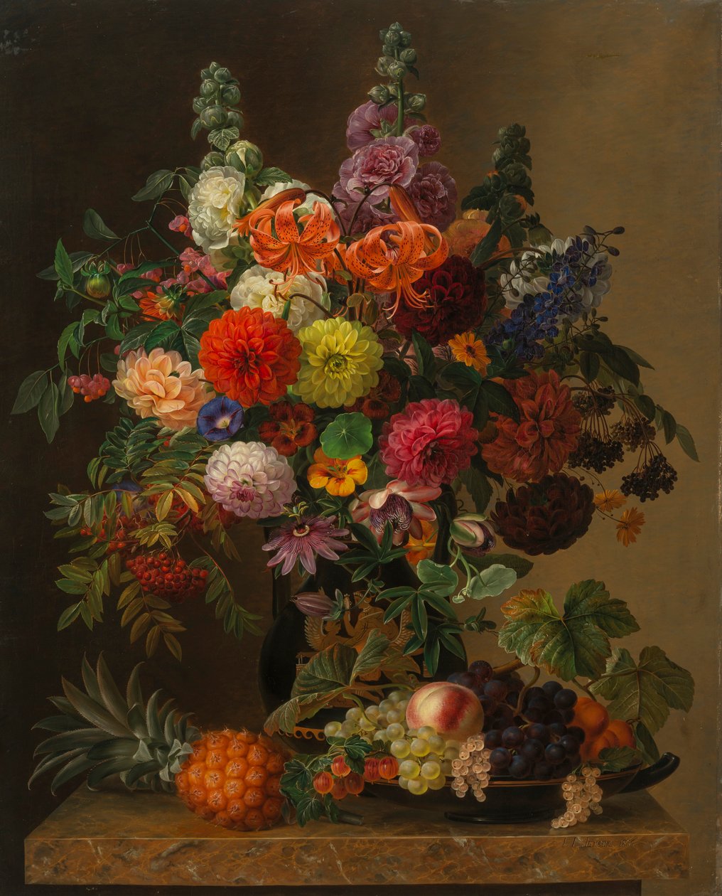 Stilleven met bloemen en fruit, 1836 door Johan Laurentz Jensen