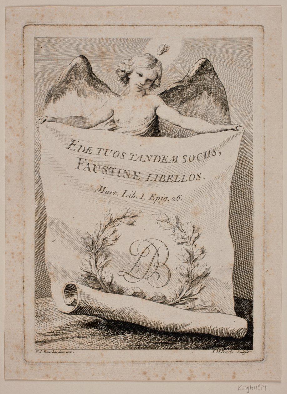 Titelgravure met een engel die een groot papier vasthoudt door Johan Martin Preisler