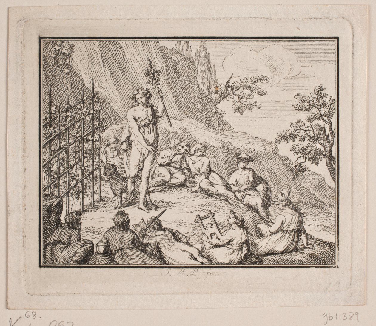 Vignet. Bacchus en de muzen door Johan Martin Preisler