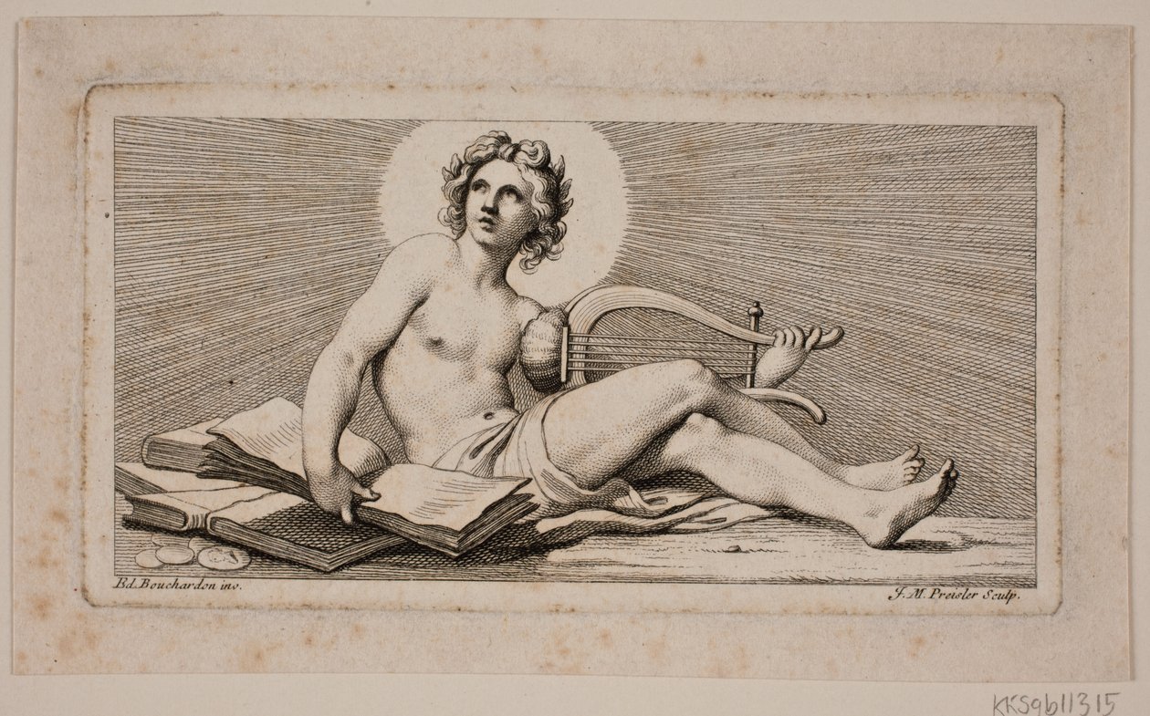 Vignet. Een zittende Apollo met harp door Johan Martin Preisler