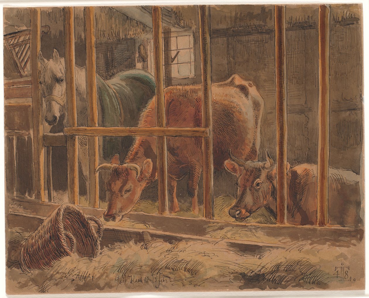 Het interieur van een stal met een wit paard en twee koeien door Johan Thomas Lundbye