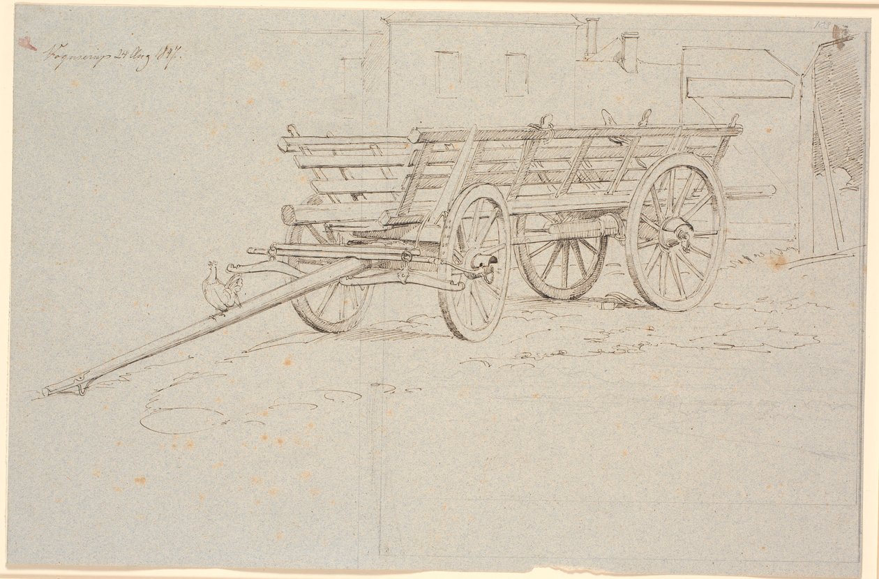Een oogstwagen met een kakelende kip op de dissel door Johan Thomas Lundbye