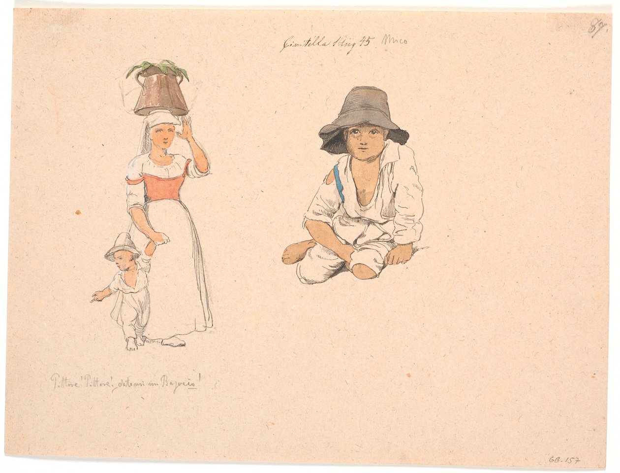 Italiaanse vrouw met een emmer op haar hoofd en een bedelende jongen aan de hand. Rechts studie van een zittende Italiaanse jongen door Johan Thomas Lundbye