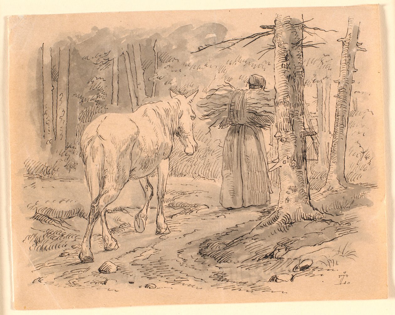 De Vrouw en het Paard. Illustratie voor Kaalunds "Fabels voor Kinderen". Zie Opmerking uit het Archiefcatalogus. door Johan Thomas Lundbye