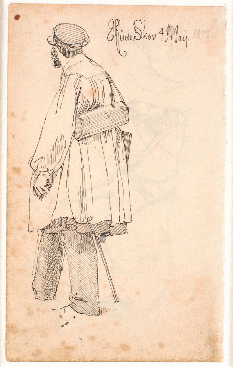 P.C. Skovgaard met botaniseerkist, staand en van achteren gezien door Johan Thomas Lundbye