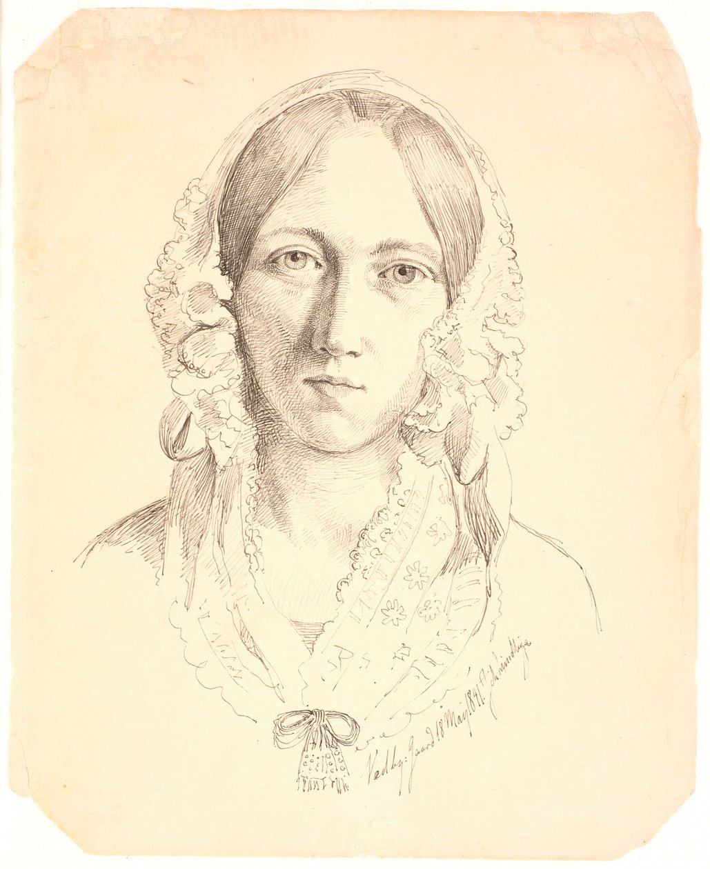 Portret van een Jonge Vrouw, en face. Mogelijk Voorstellende Louise Marie Neergaard (1816-1895) door Johan Thomas Lundbye