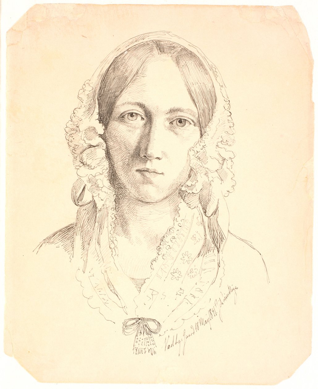 Portret van een Jonge Vrouw, en face. Mogelijk Voorstellende Louise Marie Neergaard (1816-1895) door Johan Thomas Lundbye