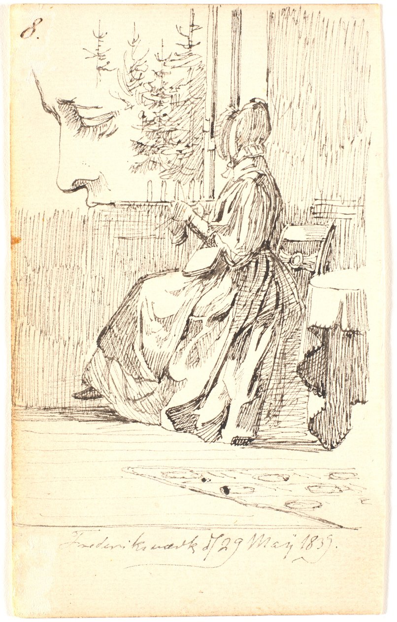 Een breiende dame (de moeder van Lundbye) bij een raam met uitzicht op sparren, en een profielstudie door Johan Thomas Lundbye