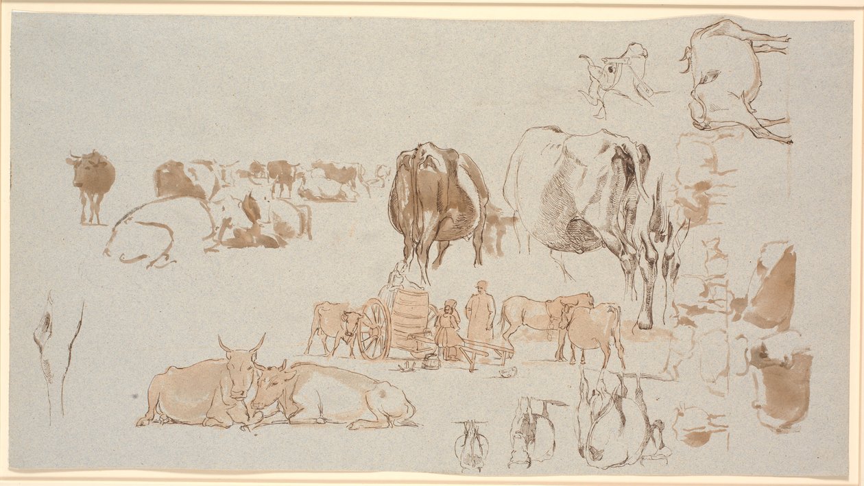 Studieblad. Studies van koeien, in het midden de melkkar met drie meisjes en een herder door Johan Thomas Lundbye