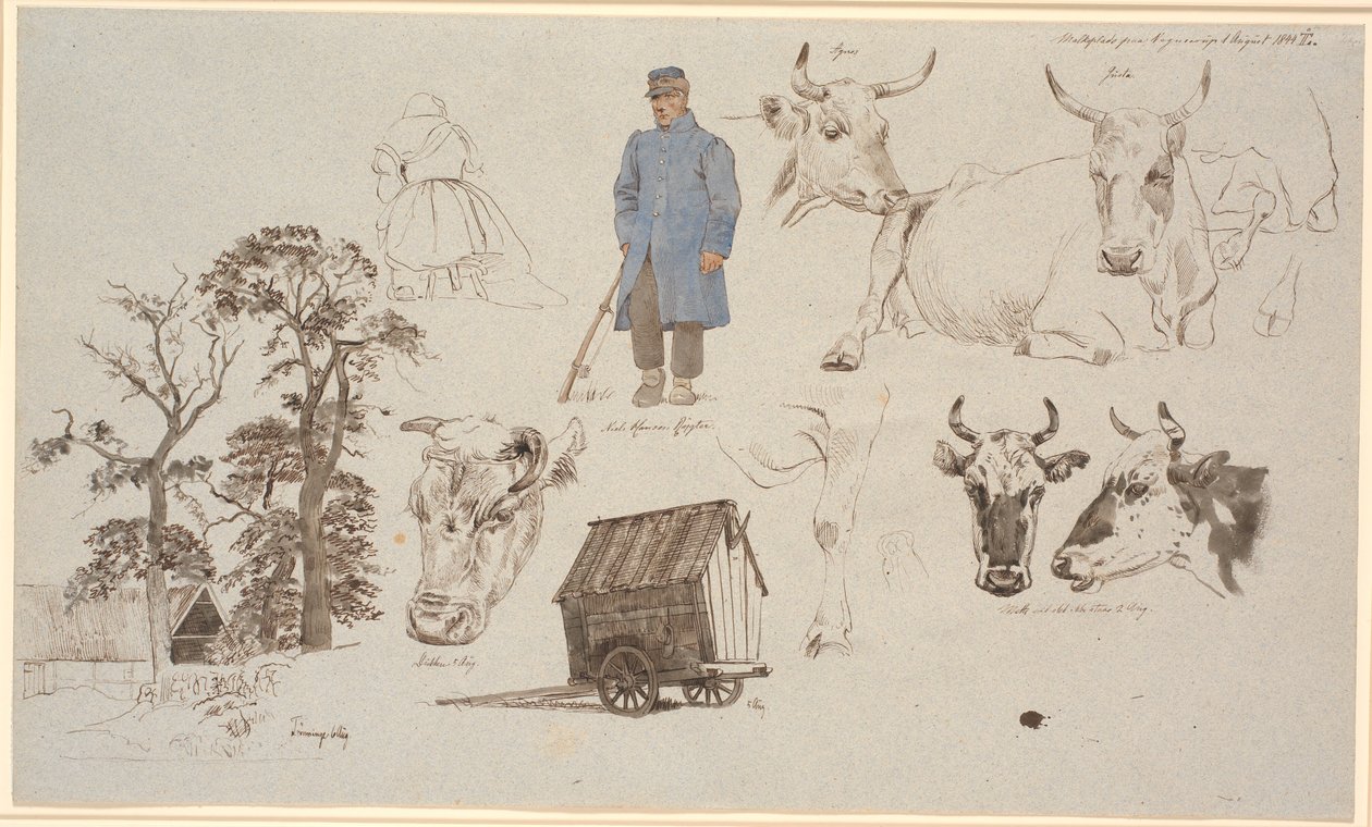 Studieblad van de melkplaats bij Vognserup. Studies van koeien. Links boerderij achter drie hoge bomen, in het midden vooraan zittende melkmeisje met rug naar ons toe en een staande herder. Rechts een herderswagen door Johan Thomas Lundbye