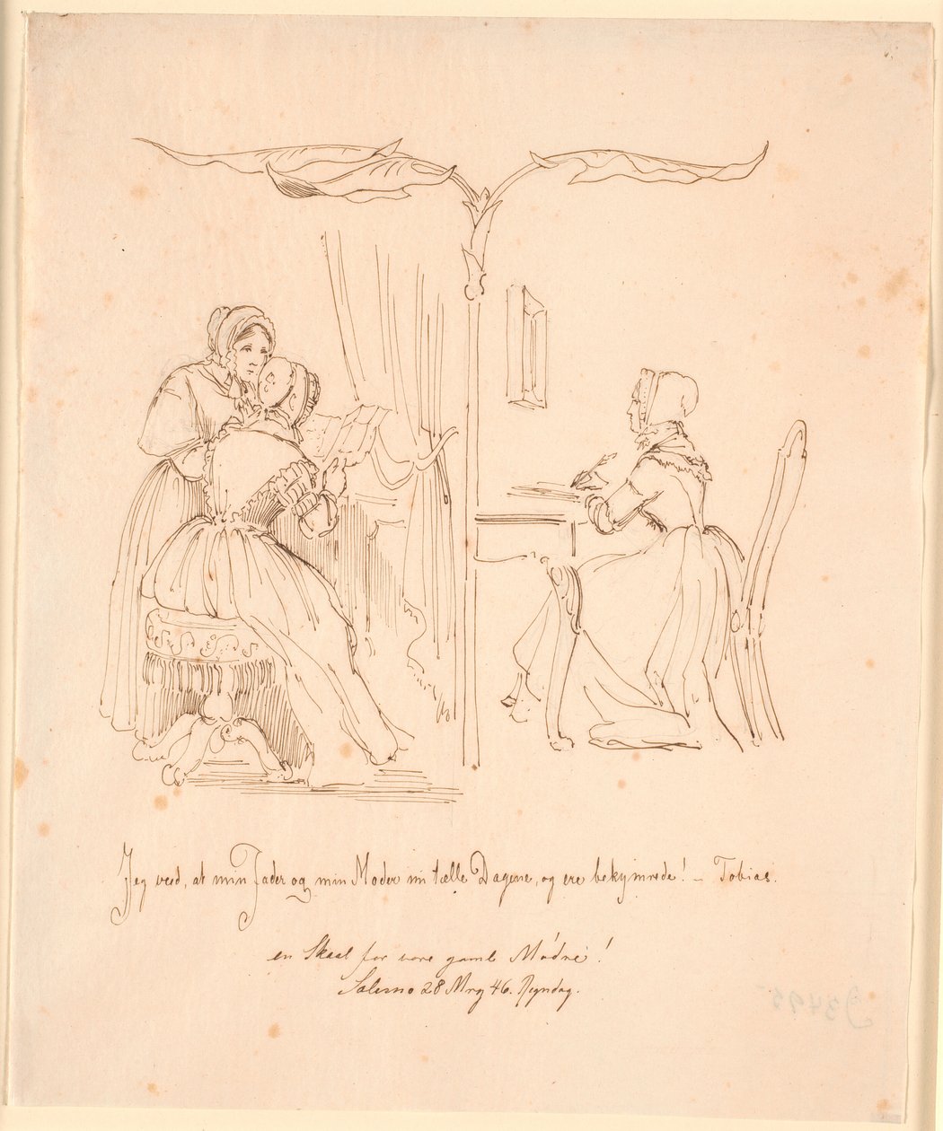 Tweeluik met links twee brievenlezende dames, rechts een briefschrijvende dame door Johan Thomas Lundbye