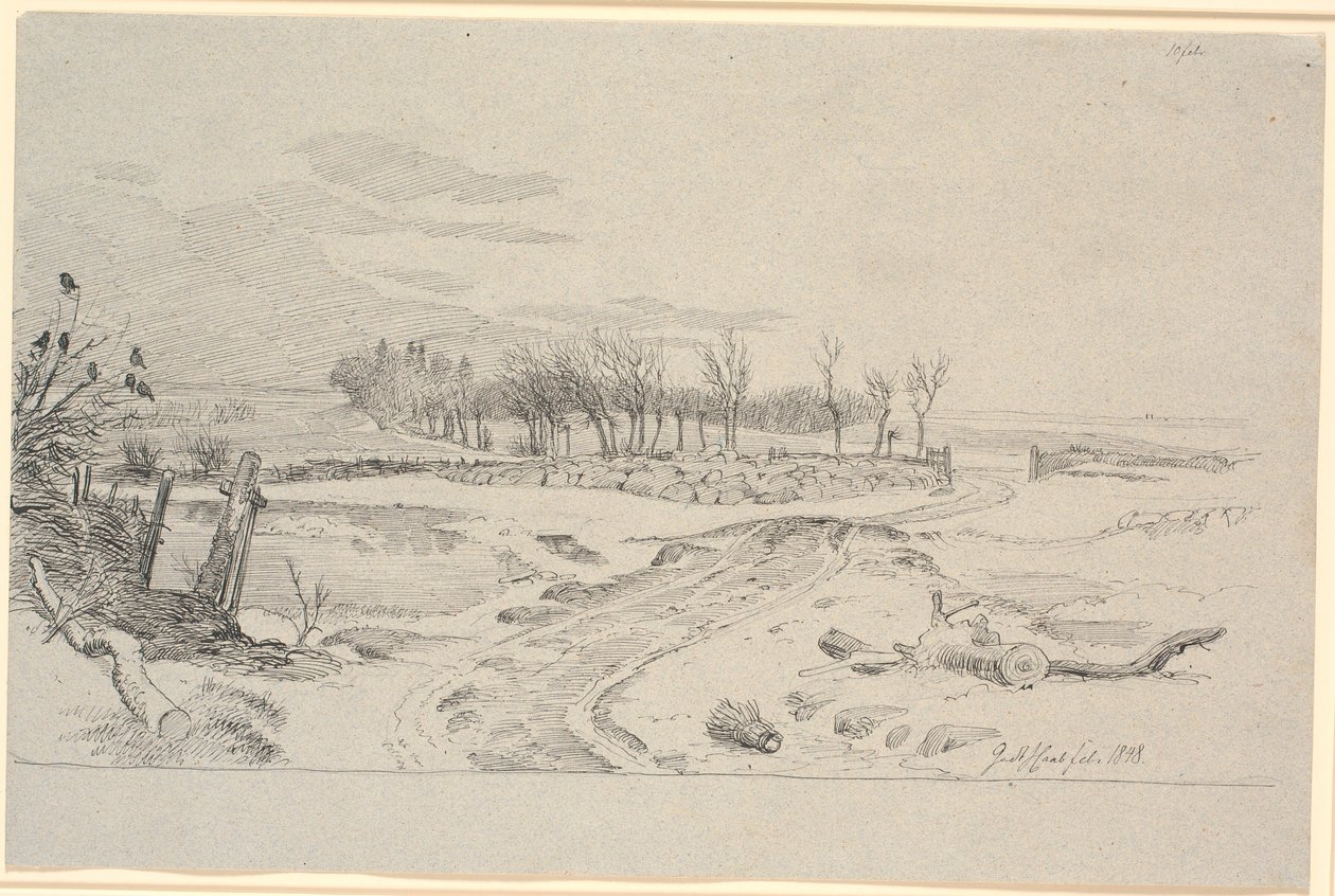 Winterlandschap met een weg die zich door de velden slingert door een poort in een stenen muur door Johan Thomas Lundbye