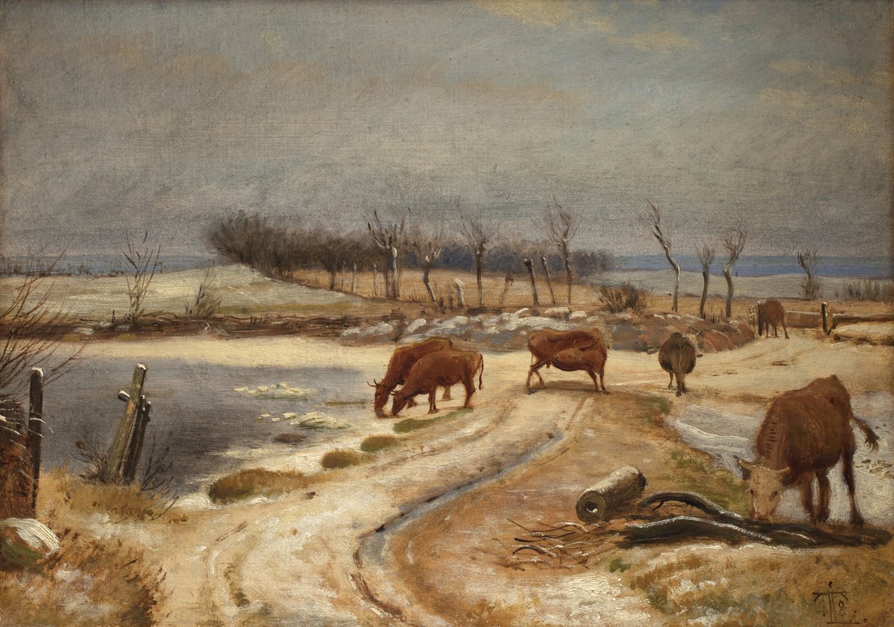 Het vee water geven op een winterdag door Johan Thomas Lundbye