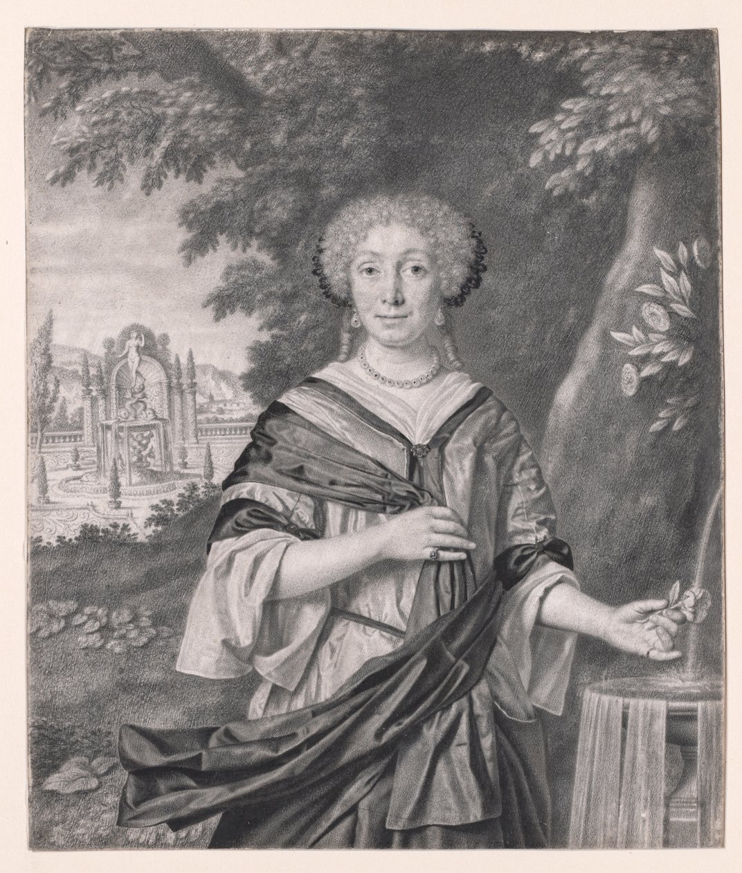Portret van een Vrouw bij een Fontein, een Roos in Haar Hand door Johan Thopas