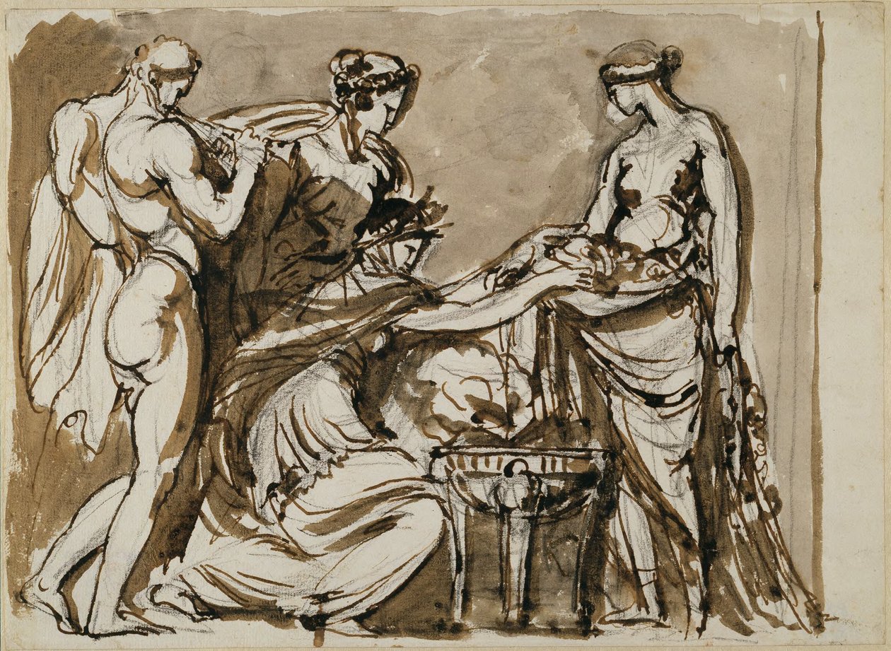 Bloemenoffer, schets voor een reliëf in terracotta door Johan Tobias Sergel
