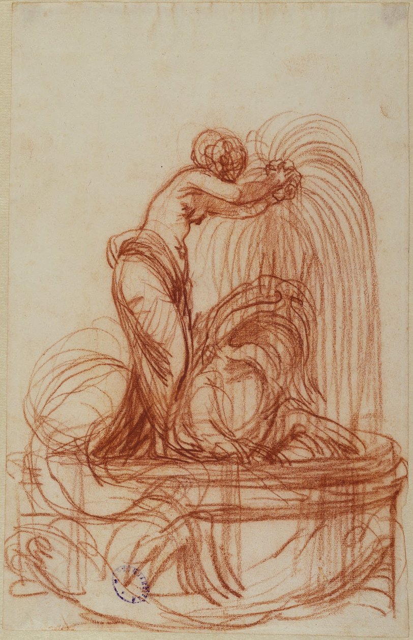 Ontwerp voor een fontein met een halfnaakte vrouw die over een zeedier leunt door Johan Tobias Sergel