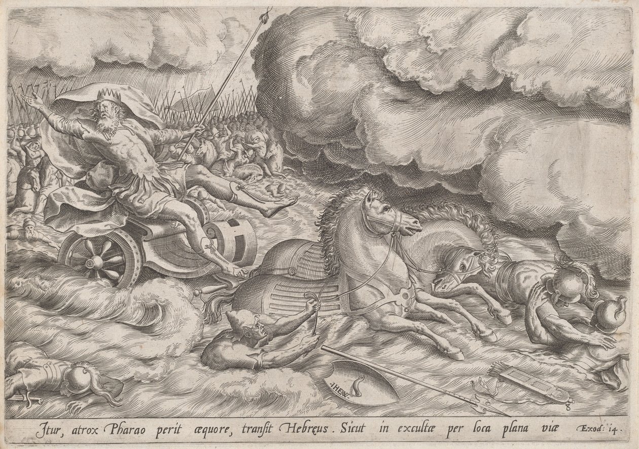 De Oversteek van de Rode Zee door Johan Wierix, after Maarten van Cleef