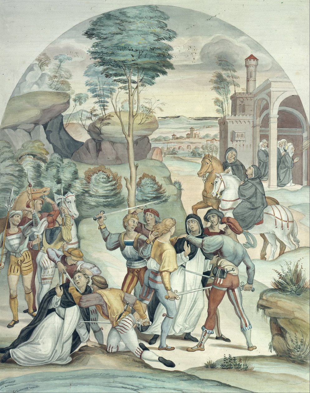 Sint Catharina van Siena Redt Twee Dominicanen uit de Handen van Rovers door Johann Anton Ramboux