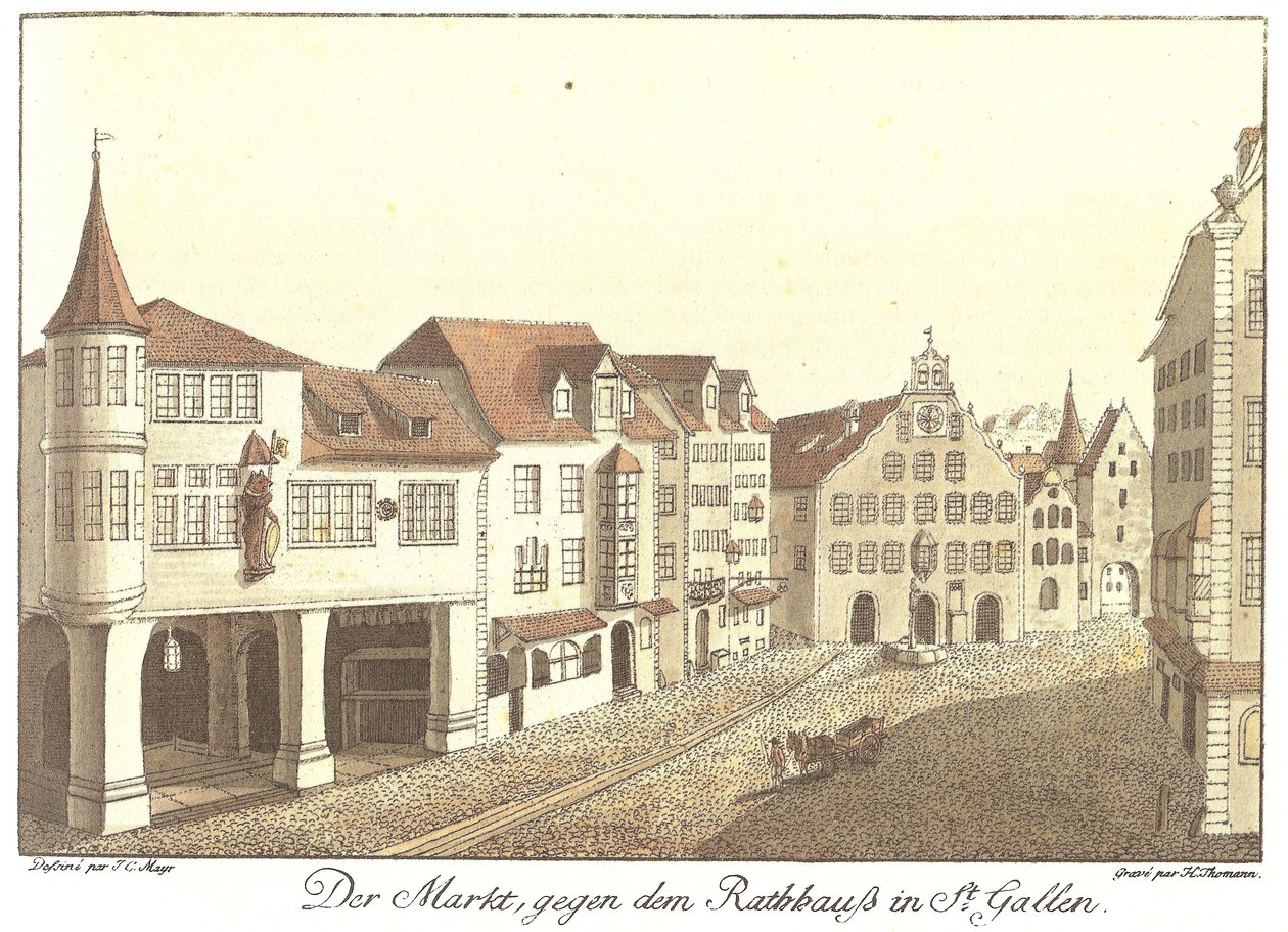 De Markt naar het Stadhuis in St. Gallen (Oorspronkelijke titel) door Johann Conrad Mayr