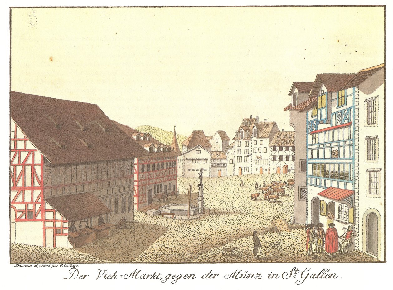 De Vee-Markt naar de Munt in St. Gallen (Oorspronkelijke titel) door Johann Conrad Mayr