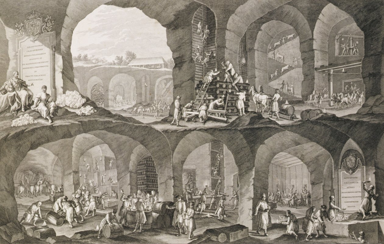 Binnen in een zoutmijn in Wieliczka door Johann Esaias Nilson