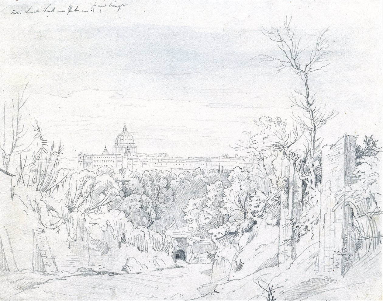 Uitzicht op de Sint-Pietersbasiliek in Rome door Johann Georg von Dillis