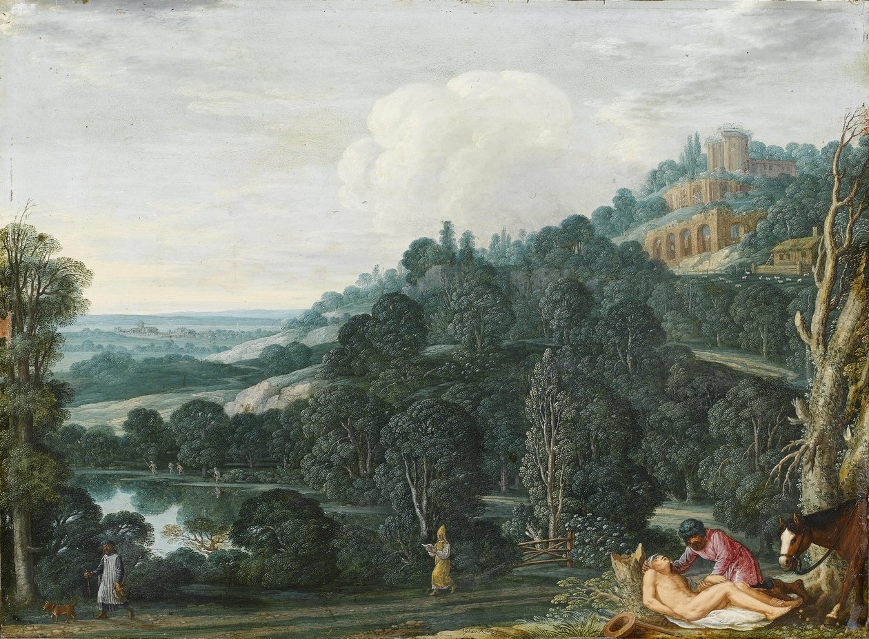 Een uitgestrekt landschap met de Barmhartige Samaritaan door Johann or Hans Konig