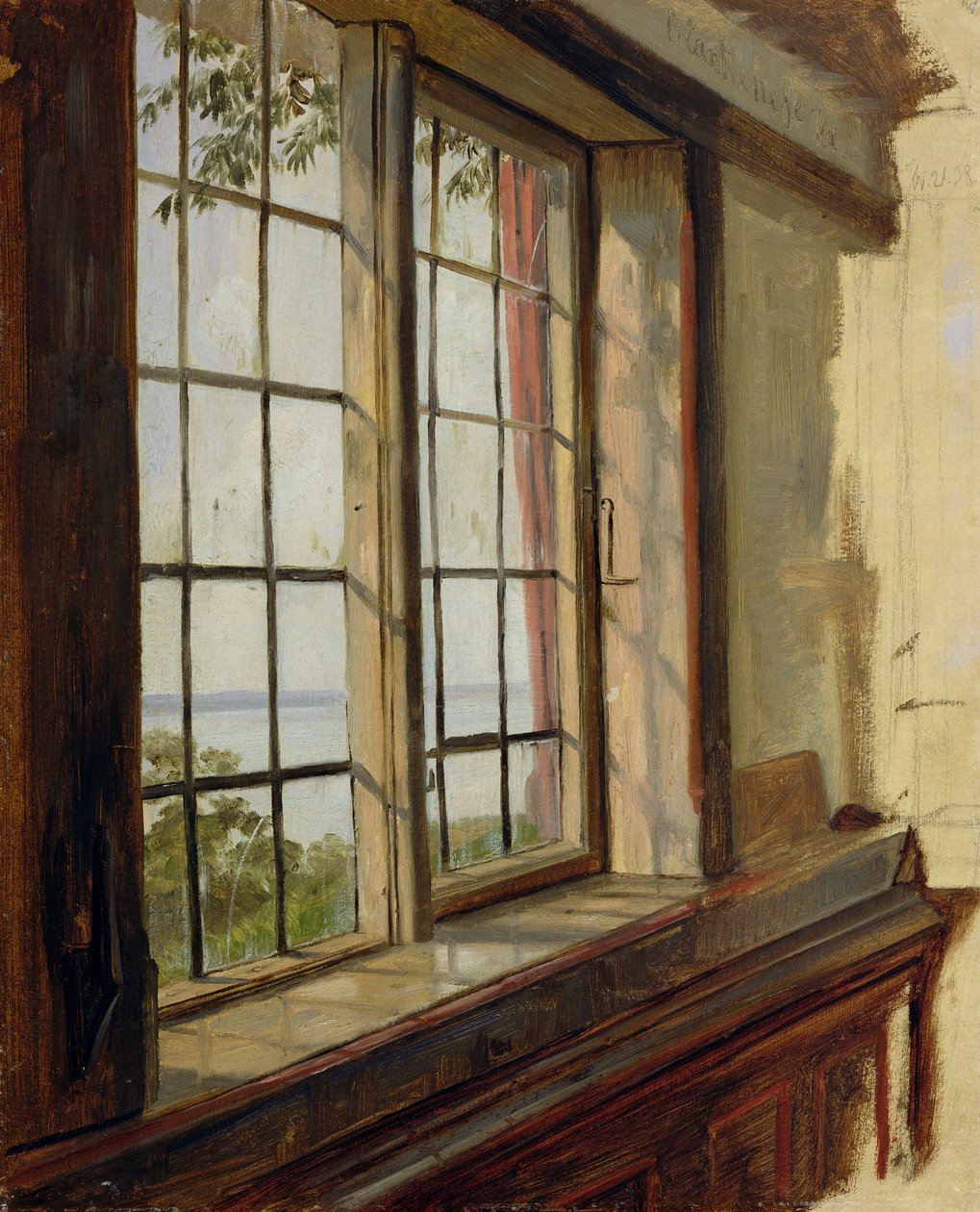 Uitzicht op de Elbe door een raam, 1838 door Johann Martin Gensler
