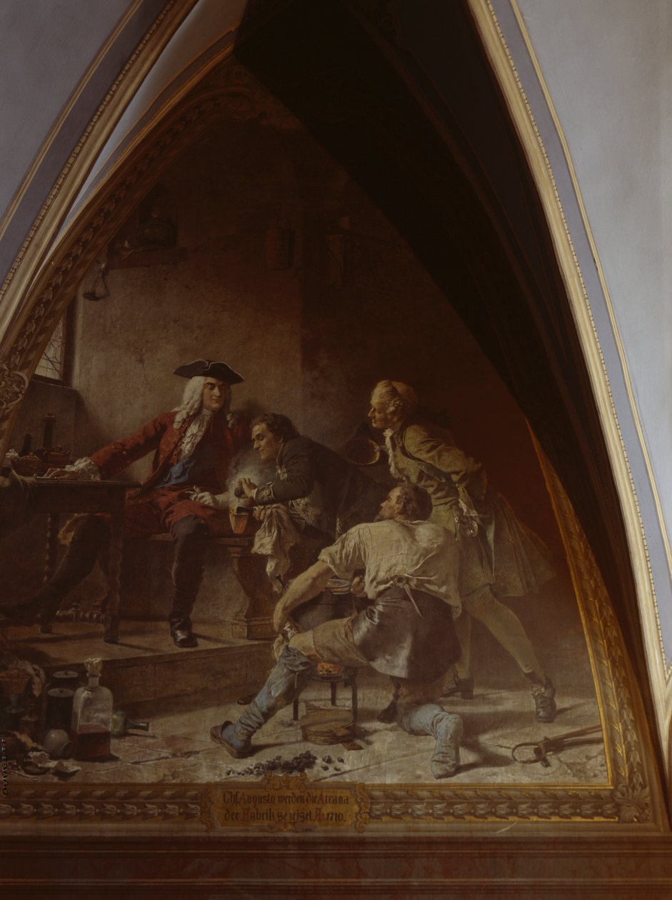 Boettger toont August de Sterke het geheim van het maken van porselein door Johann Paul Adolf Kiessling