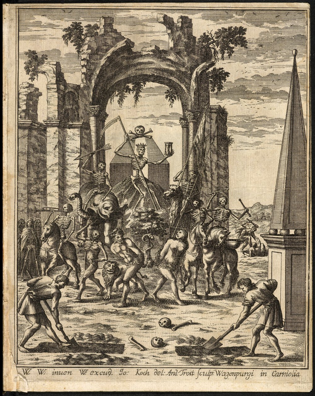 Voorpagina van Theatrum mortis humanae tripartitum door Johann Weikhard von Valvasor