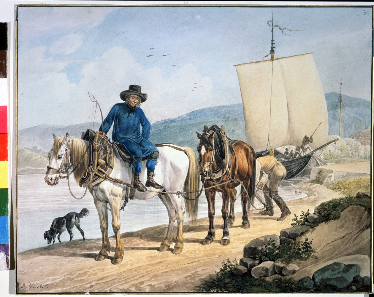 Paarden en wagen bij de rivier. door Johann Adam Klein