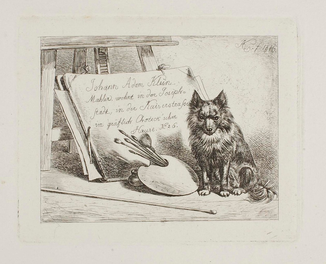 Hond zit naast het schildersgereedschap en de portfolio met het adres van de kunstenaar door Johann Adam Klein