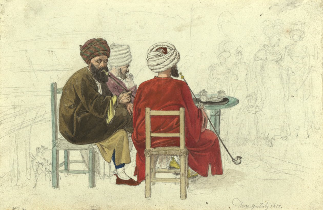 Drie Turken (of Grieken) die rond een tafeltje in koffiehuis Augustini op de Rotenturmbastei zitten door Johann Adam Klein