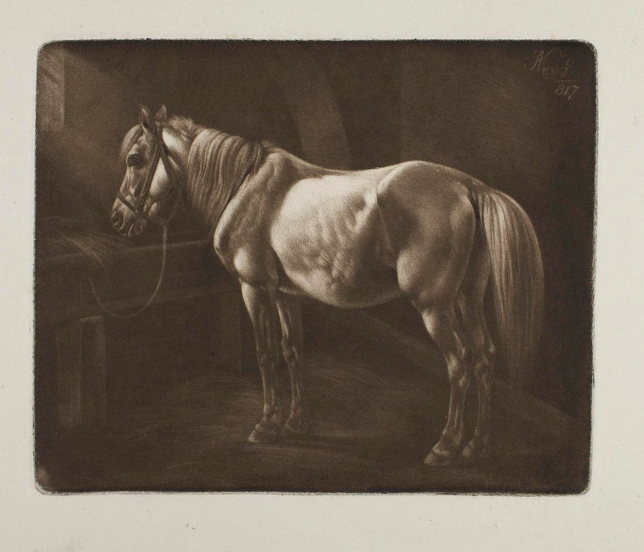 Paard bij de voerbak door Johann Adam Klein