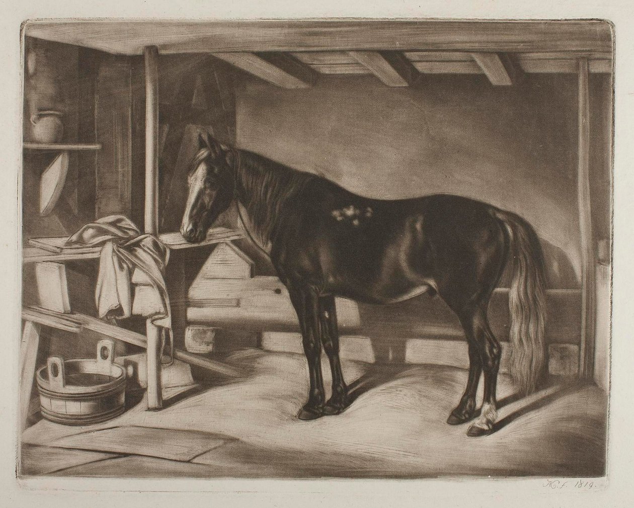 Paard in een stal door Johann Adam Klein