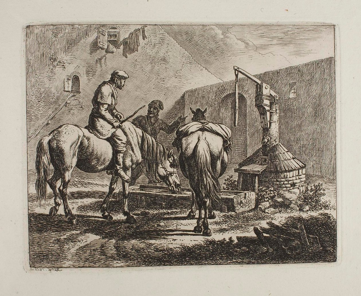 Paarden bij een waterput door Johann Adam Klein