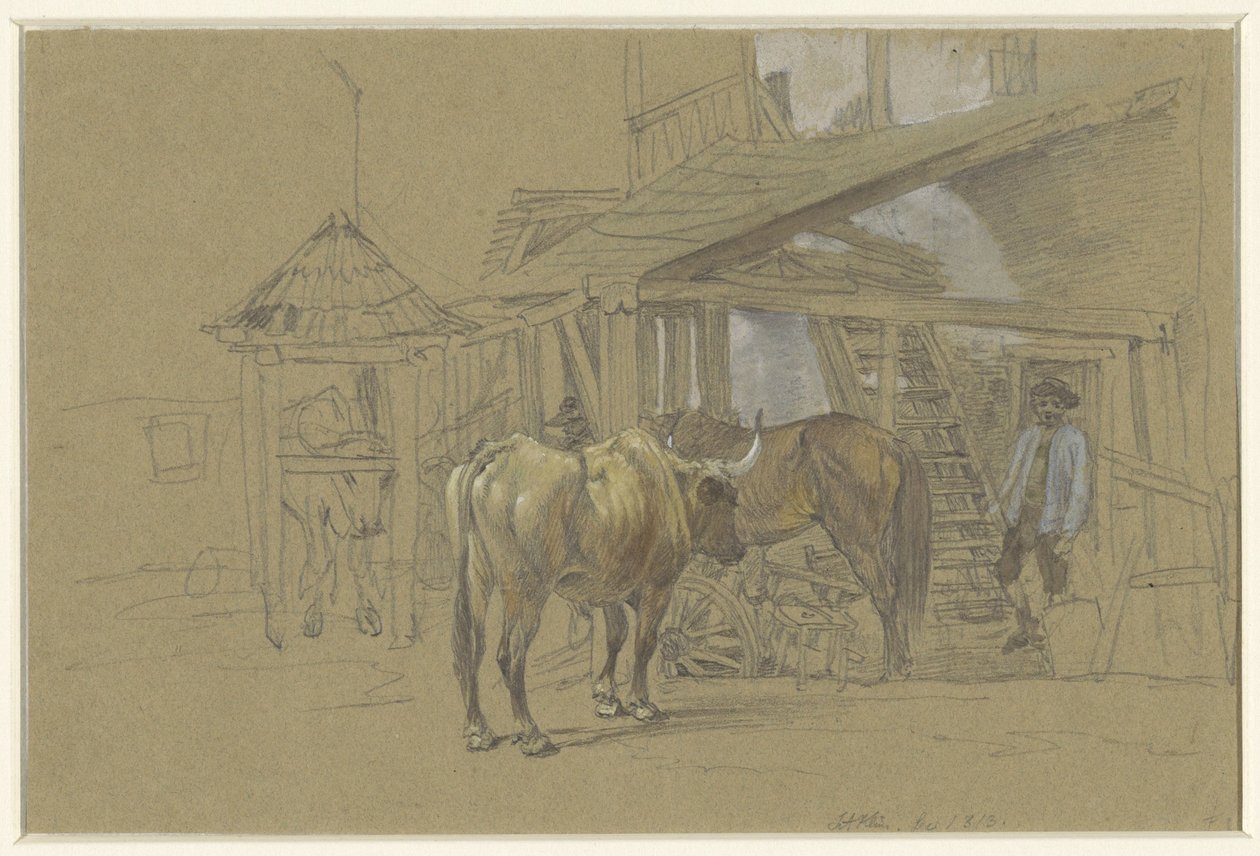 Ossen en een paard bij de hoefsmid door Johann Adam Klein