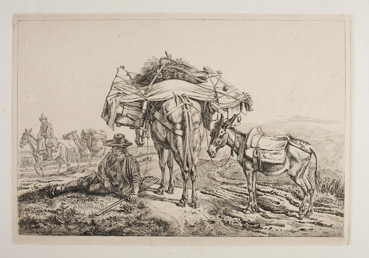 Bepakt muildier in de Campagna door Johann Adam Klein