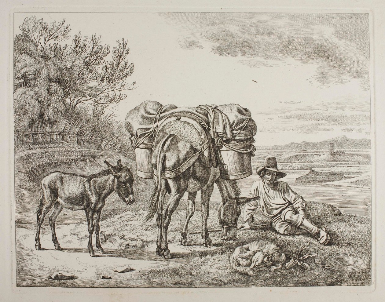 Beladen muilezel met rustende muilezeldrijver door Johann Adam Klein