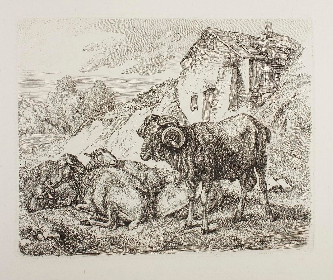 Ram en schaap achter een huis door Johann Adam Klein