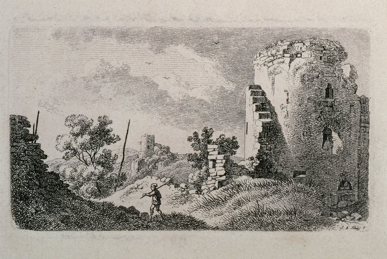 Verwoest kasteel met man door Johann Adam Klein