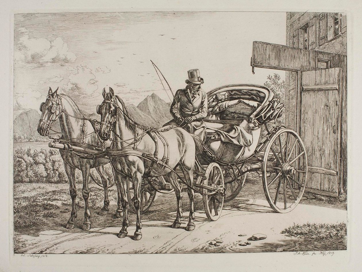 Twee paarden, ingespannen voor een luxueuze chaise door Johann Adam Klein