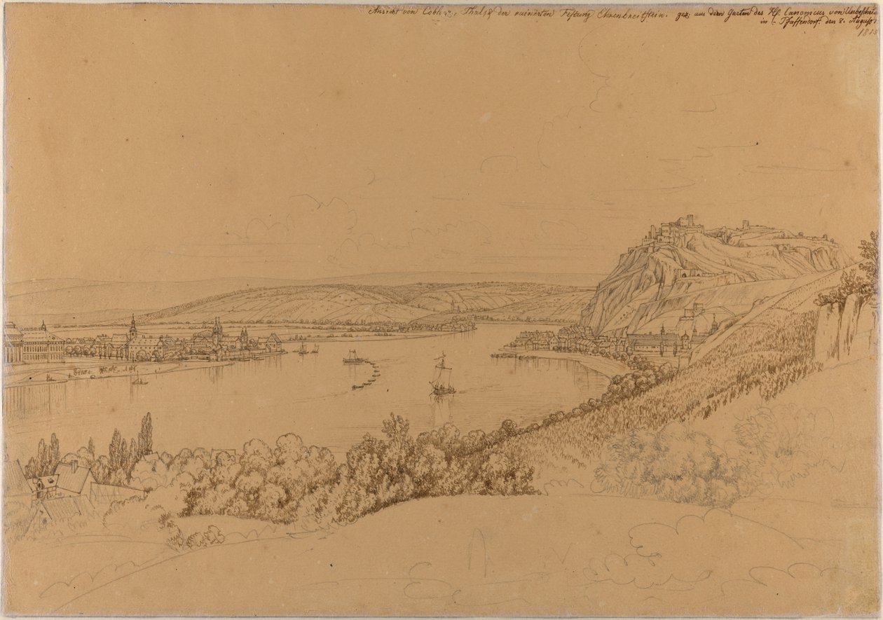 Gezicht op Koblenz met de Rijn en vesting Ehrenbreitstein (recto); Gezicht op kasteel Heidelberg (verso) door Johann Adam Klein